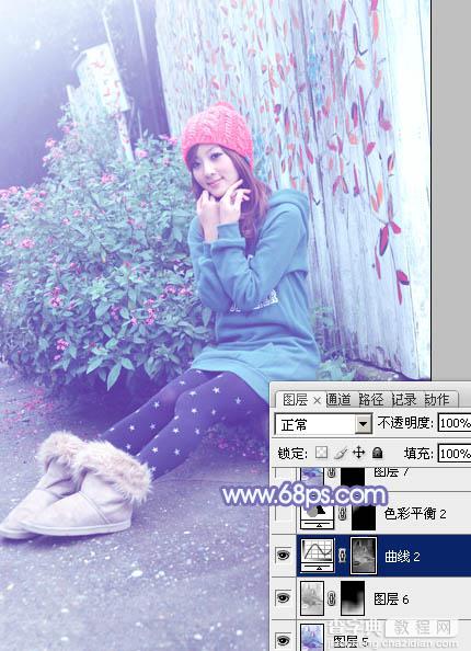 Photoshop为墙边的美女加上甜美的冬季淡蓝色30