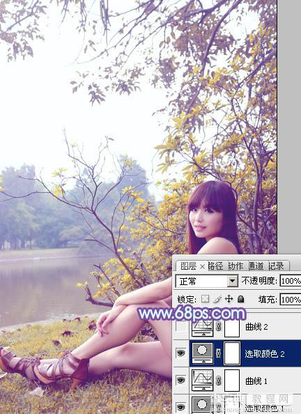 Photoshop为坐在河边的美女加上小清新的秋季橙黄色14