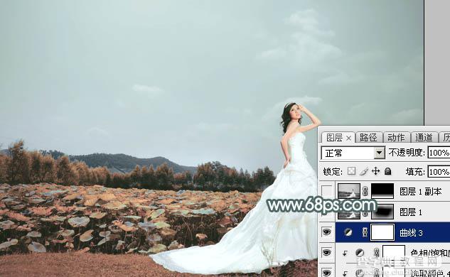 Photoshop为荷塘边的美女加上古典青色调29