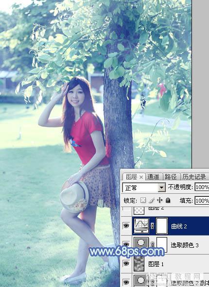 Photoshop为树边的女孩增加流行的淡调青蓝色29