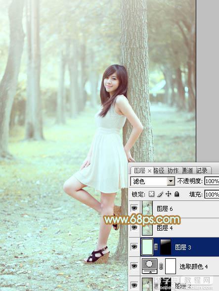 Photoshop将树林美女图片调制出柔和淡雅的黄绿色36