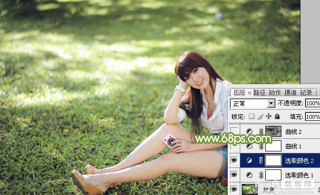 Photoshop将绿草上的美女打造出甜美的韩系淡绿色12