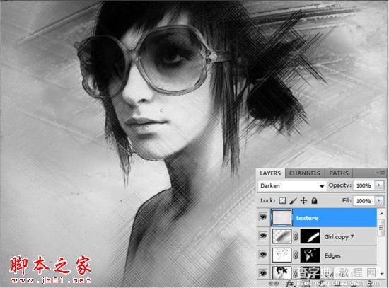 Photoshop将人物头像转为黑白水彩画效果21