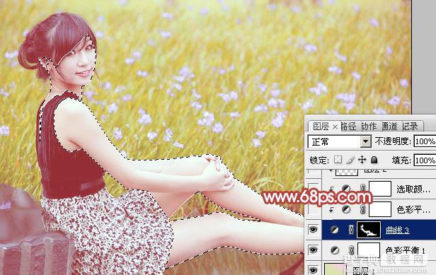 Photoshop为草地上的美女加上小清新的粉黄色25