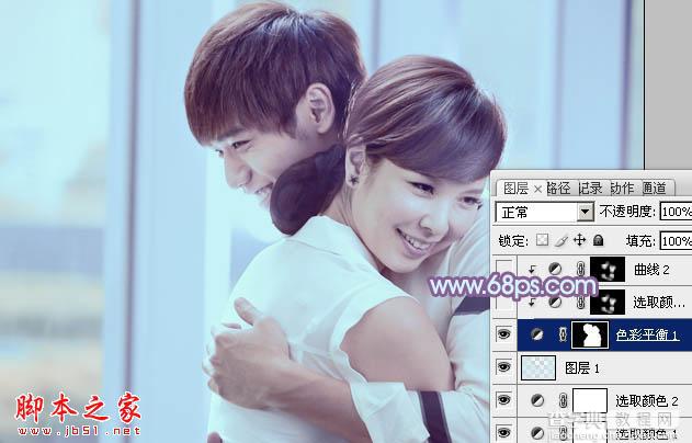 Photoshop将室内情侣图片调制出流行的韩系淡蓝色19