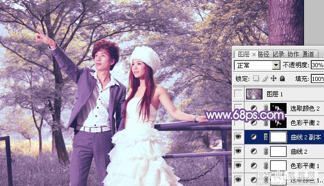 Photoshop为公园婚片调制出柔美的淡调黄紫色效果24