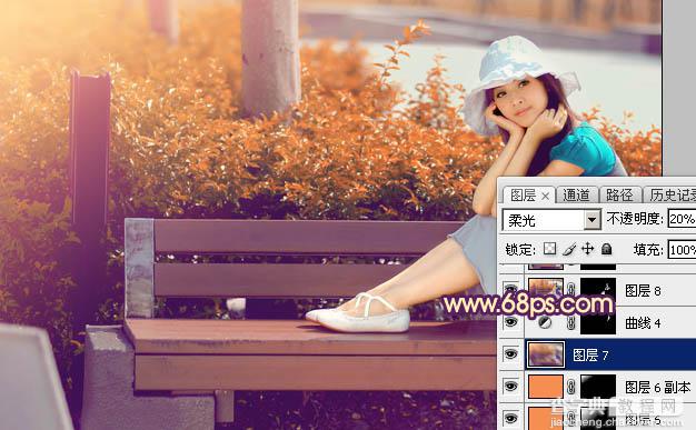Photoshop为公园长凳上的美女加上唯美的深秋橙褐色45