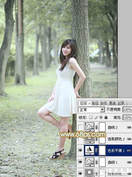 Photoshop将树林美女图片调制出柔和淡雅的黄绿色13