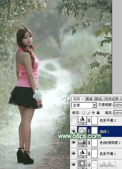Photoshop为林间路上的美女添加梦幻的冷色绿色调25