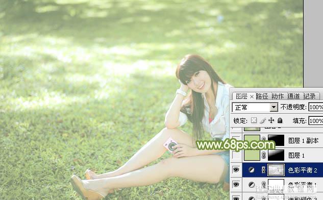 Photoshop将绿草上的美女打造出甜美的韩系淡绿色29