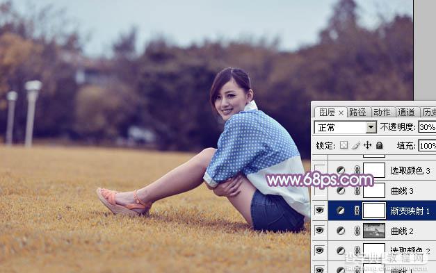 Photoshop将草地上的美女打造甜美的淡调蓝黄色16