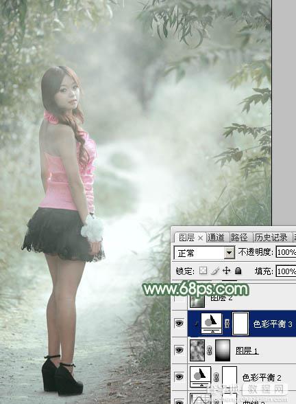 Photoshop为林间路上的美女添加梦幻的冷色绿色调32