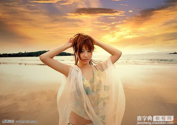Photoshop将海边美女图片打造出梦幻的夕阳背景10