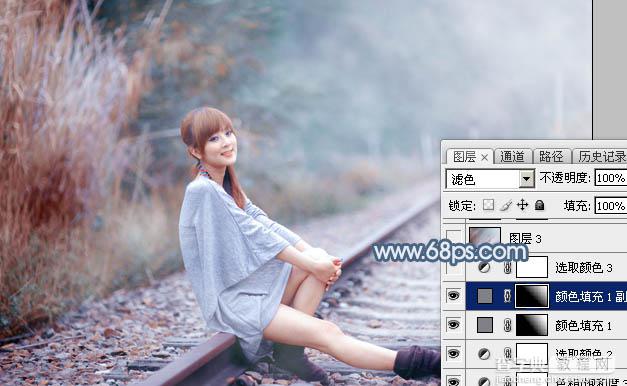 Photoshop为铁轨上的美女调制出梦幻的淡蓝色36