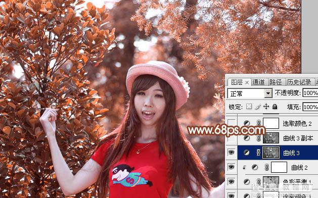 Photoshop打造唯美的橙红色树林人物图片26