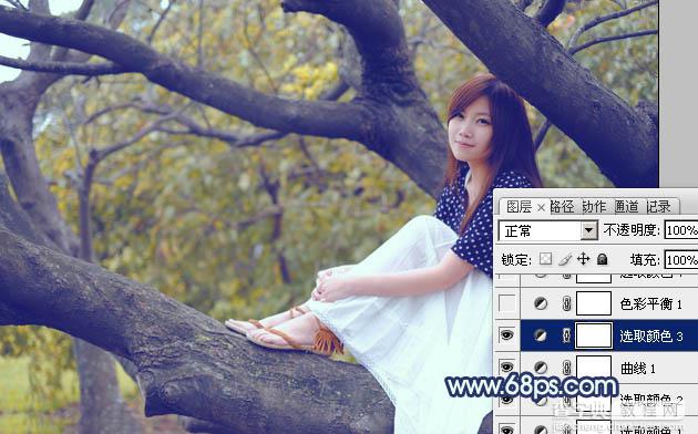 Photoshop为坐树枝上的美女调制出小清新的蓝黄色19