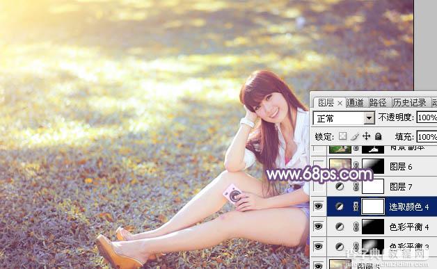 Photoshop为草地上的美女调制明快的秋季蓝黄色41