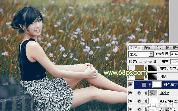 Photoshop为草地上的美女加上古典暗调青黄色34