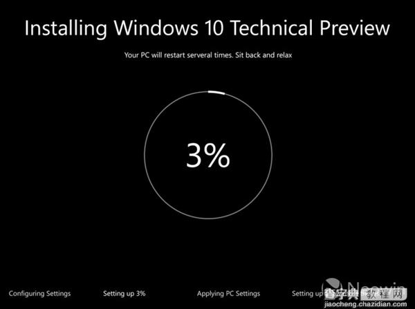 Windows 10安装界面大变:黑底白字 以圆环作进度条1