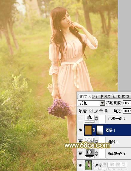Photoshop将树林人物图片调制出朦胧的淡黄色效果10