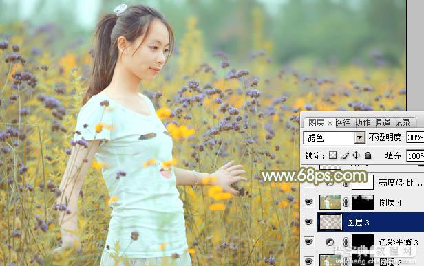 Photoshop为野花中的美女加上小清新的粉黄色44