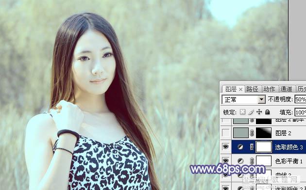 Photoshop将绿树边的美女调制出淡美的蓝黄色28
