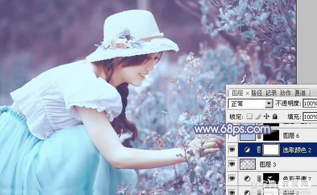 Photoshop将花草中的美女增加上冷艳的淡调青蓝色28