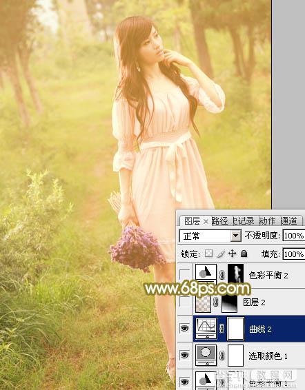 Photoshop将树林人物图片调制出朦胧的淡黄色效果20
