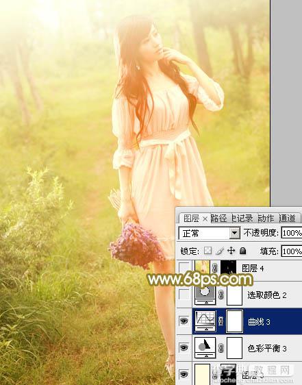 Photoshop将树林人物图片调制出朦胧的淡黄色效果34