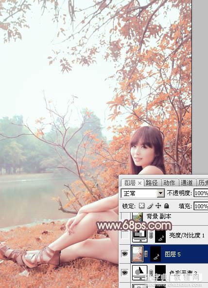 Photoshop为河边的美女加上漂亮的秋季粉红色39