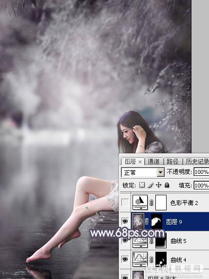 Photoshop将湖景美女图片打造出个性的中性暗蓝色38