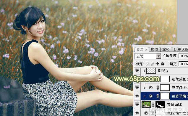 Photoshop为草地上的美女加上古典暗调青黄色40