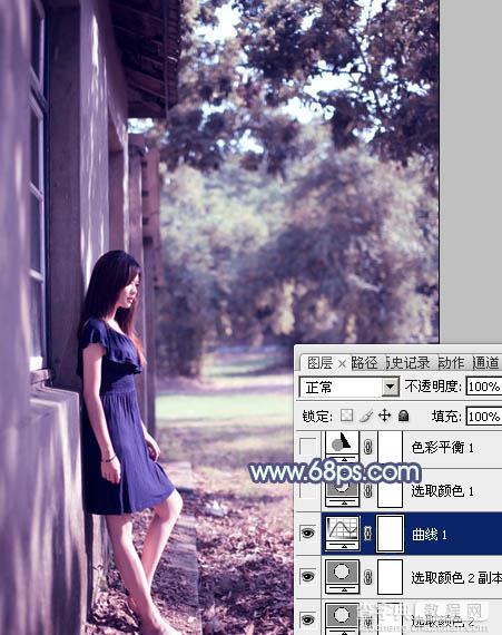 Photoshop将房檐下的美女增加古典暗蓝色效果12