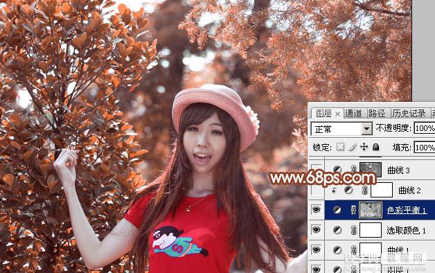 Photoshop打造唯美的橙红色树林人物图片18