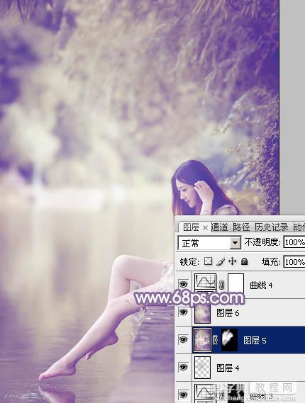 Photoshop将水塘边的美女加上漂亮的淡调黄紫色30
