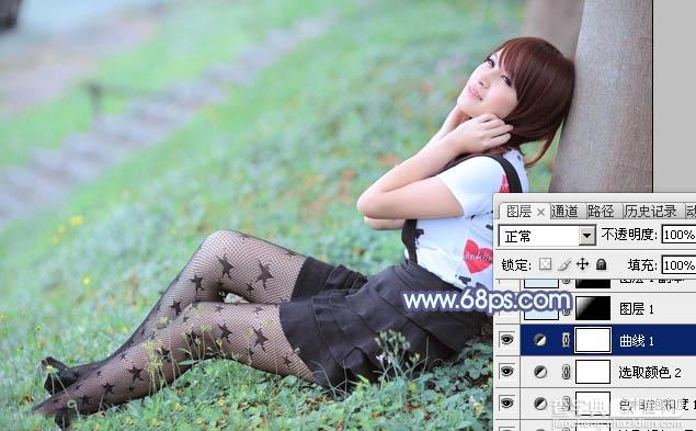 Photoshop为草地美女图片打造唯美的韩系青蓝色17