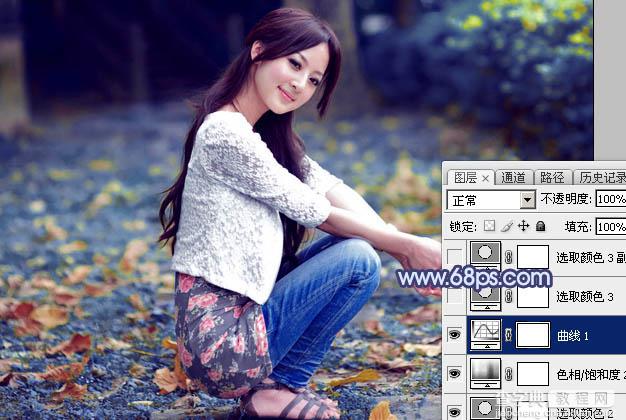 Photoshop将外景美女图片打造出甜美的深秋暗蓝色效果21
