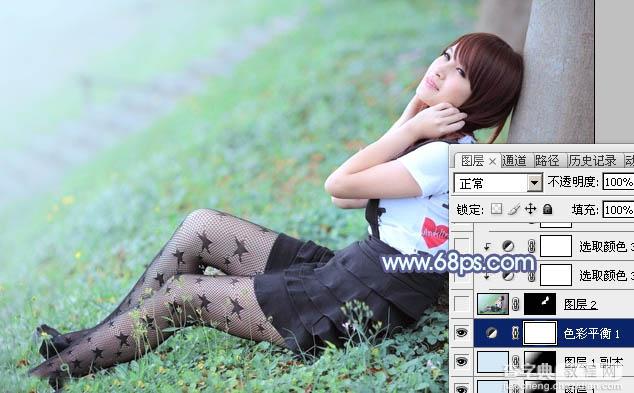 Photoshop为草地美女图片打造唯美的韩系青蓝色22