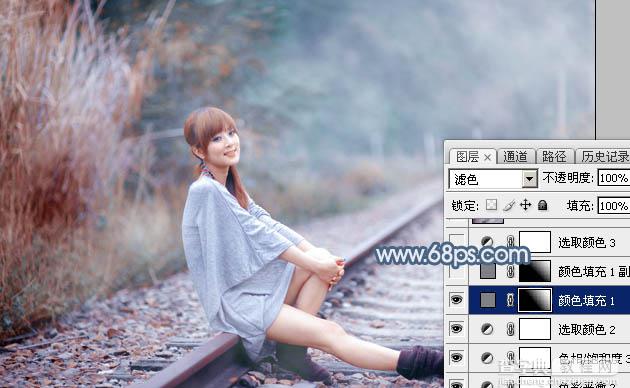 Photoshop为铁轨上的美女调制出梦幻的淡蓝色35