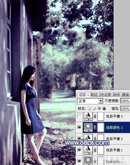 Photoshop将房檐下的美女增加古典暗蓝色效果29