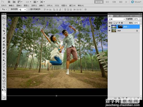 Photoshop将泛白的树林人物图片调制出蓝色天空效果14