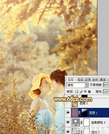 Photoshop将树林情侣图片增加上柔和秋季粉黄色34