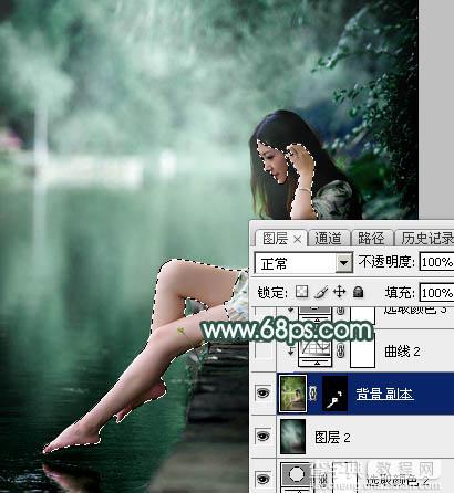 Photoshop为湖边的美女调制出童话中的梦幻青色调28