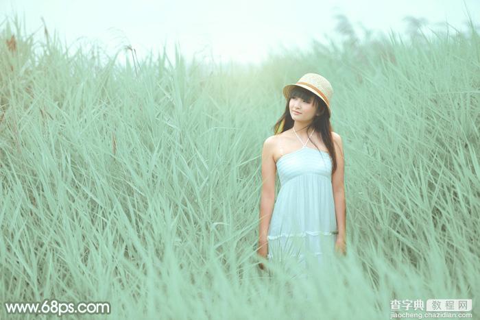 Photoshop为绿草中的美女加上甜美的淡调青绿色2
