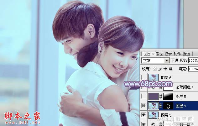 Photoshop将室内情侣图片调制出流行的韩系淡蓝色24