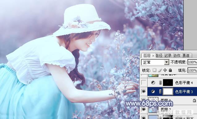 Photoshop将花草中的美女增加上冷艳的淡调青蓝色33