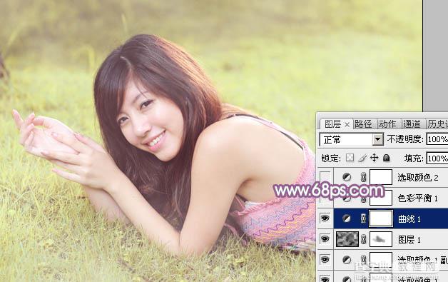Photoshop为趴在绿草上的美女图片增加朦胧唯美的黄紫色11