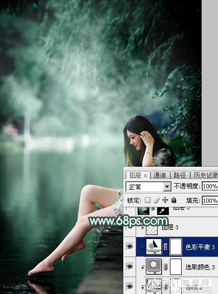 Photoshop为湖边的美女调制出童话中的梦幻青色调37