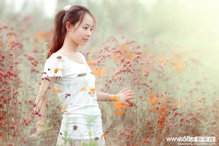 Photoshop为花丛中的美女加上甜美的淡粉色2