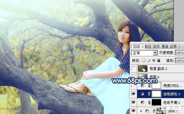 Photoshop为坐树枝上的美女调制出小清新的蓝黄色44